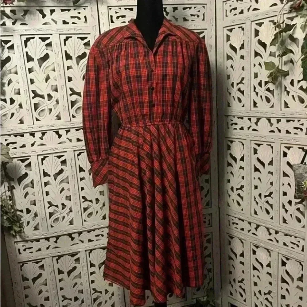 VINTAGE LESLIE FAY EXTRAORDINARY RED PLAID FIT FLARE LONG SLEEVE MIDI DRESS L